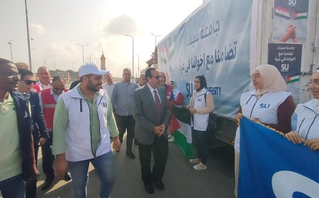 جامعه سيناء بالعريش تهدي مساعدات إنسانية لقطاع غزة